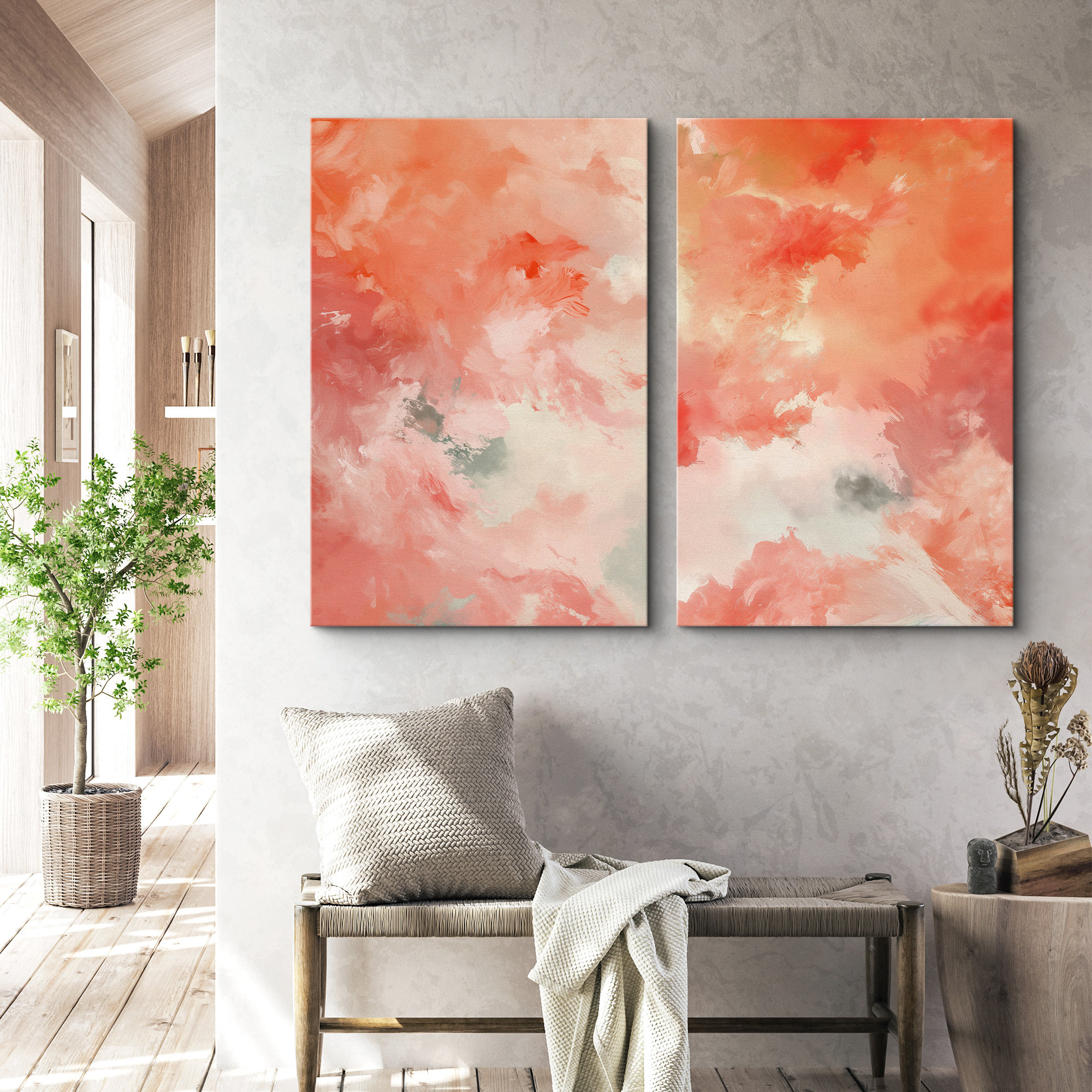 IDEA4WALL Orange Pink Bright Abstract Modern Paint Strokes Cool Framed